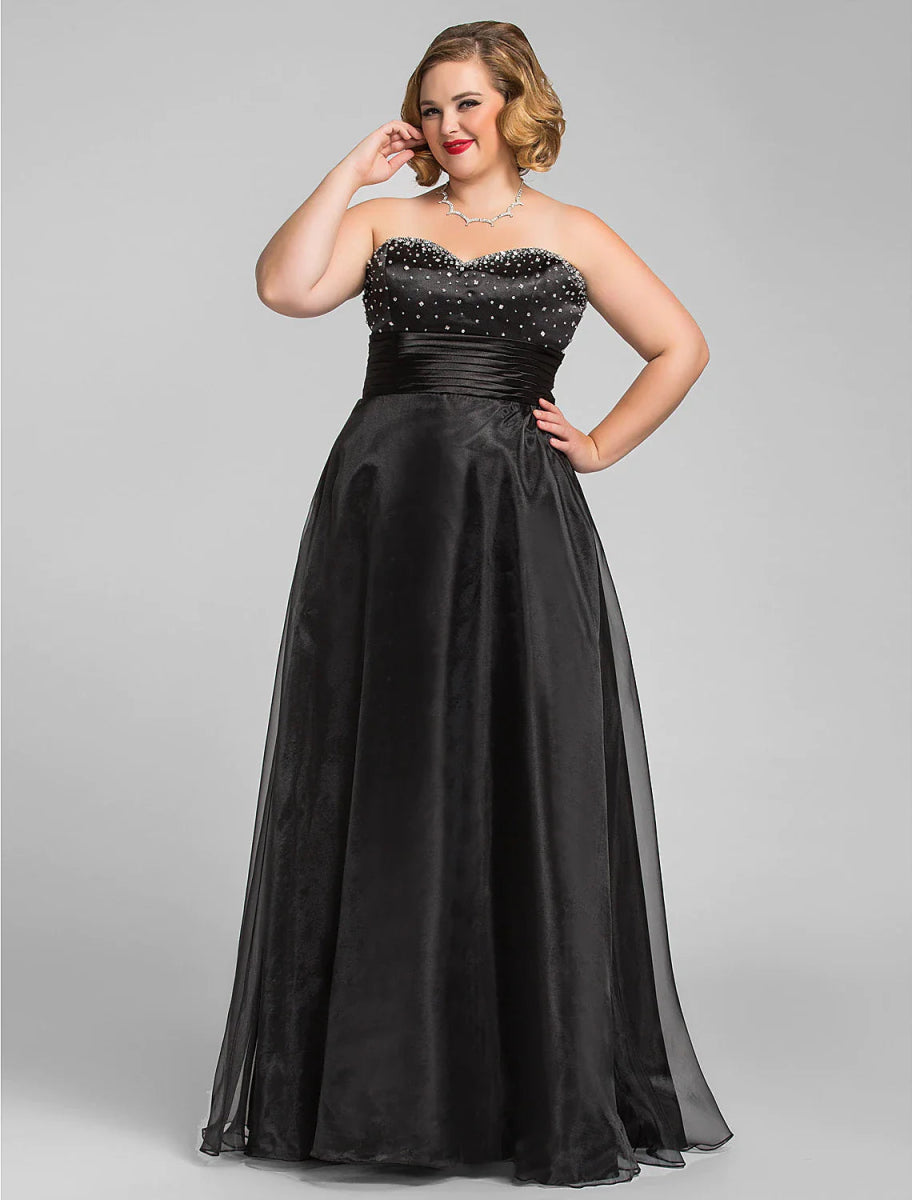 NumberSea - A - Line Little Black Dress Dress Prom Floor Length Sleeveless Sweetheart Organza with Ruched Beading