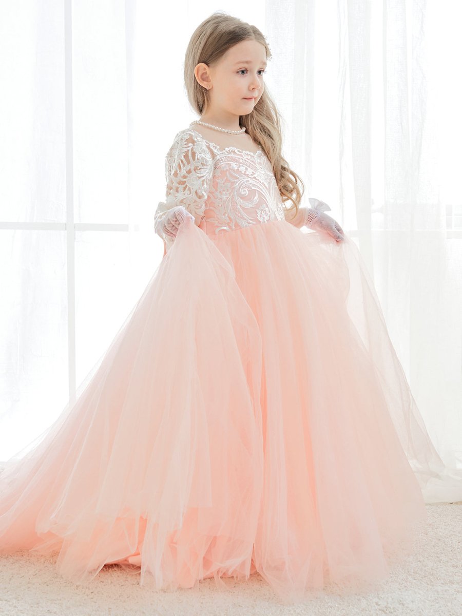 NumberSea - A - line Long Sleeves Lace Tulle Flower Girl Dresses Pink (2003227575)