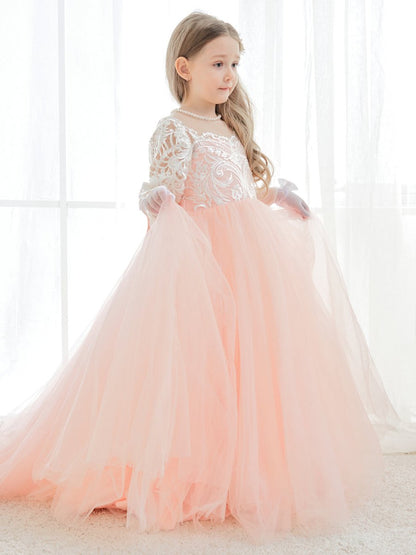 NumberSea - A - line Long Sleeves Lace Tulle Flower Girl Dresses Pink (2003227575)