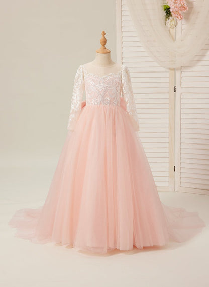 NumberSea - A - line Long Sleeves Lace Tulle Flower Girl Dresses Pink (2003227575)