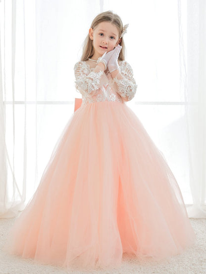 NumberSea - A - line Long Sleeves Lace Tulle Flower Girl Dresses Pink (2003227575)