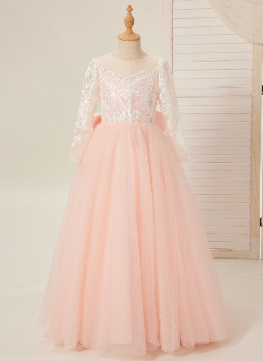 NumberSea - A - line Long Sleeves Lace Tulle Flower Girl Dresses Pink (2003227575)