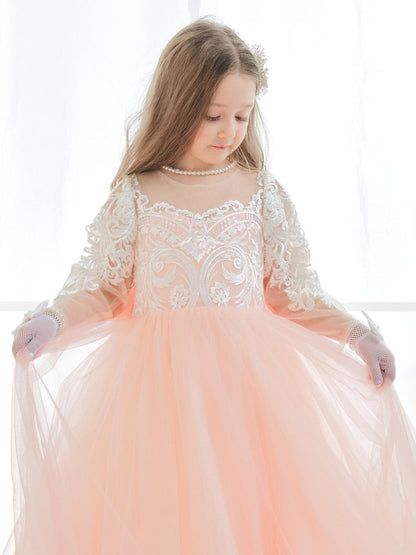 NumberSea - A - line Long Sleeves Lace Tulle Flower Girl Dresses Pink (2003227575)