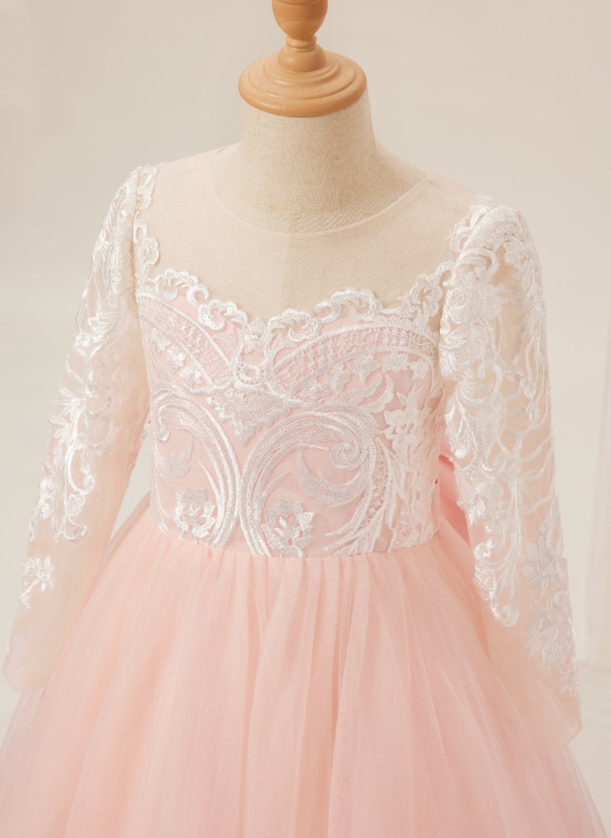 NumberSea - A - line Long Sleeves Lace Tulle Flower Girl Dresses Pink (2003227575)