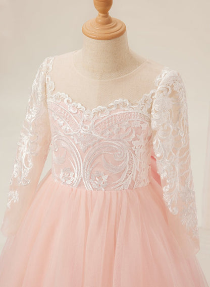 NumberSea - A - line Long Sleeves Lace Tulle Flower Girl Dresses Pink (2003227575)