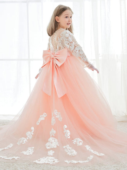 NumberSea - A - line Long Sleeves Lace Tulle Flower Girl Dresses Pink (2003227575)