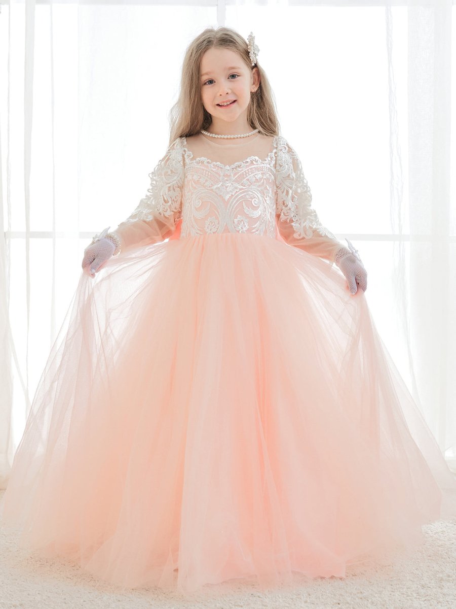 NumberSea - A - line Long Sleeves Lace Tulle Flower Girl Dresses Pink (2003227575)