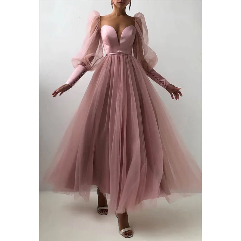 NumberSea - A Line Low V Neck Long Sleeves Pleated Tulle Long Prom Evening Dress