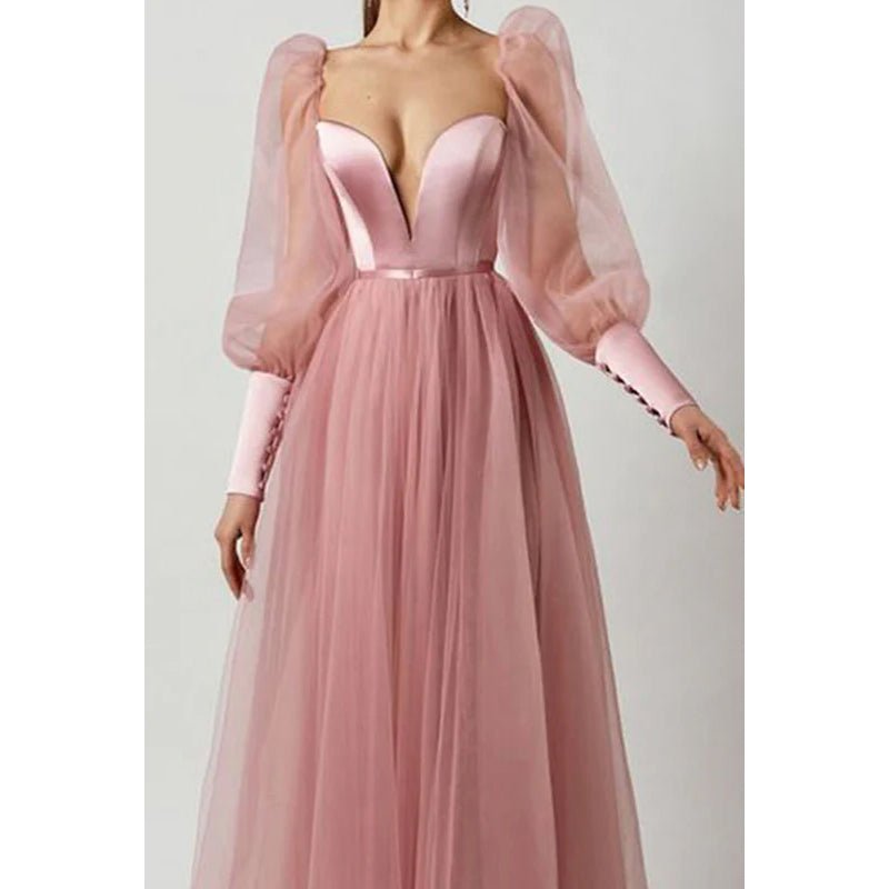 NumberSea - A Line Low V Neck Long Sleeves Pleated Tulle Long Prom Evening Dress