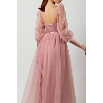 NumberSea - A Line Low V Neck Long Sleeves Pleated Tulle Long Prom Evening Dress