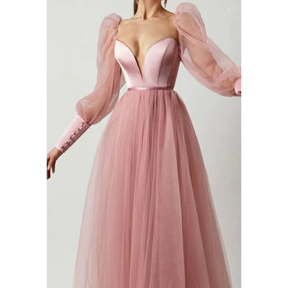 NumberSea - A Line Low V Neck Long Sleeves Pleated Tulle Long Prom Evening Dress