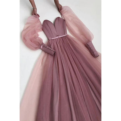 NumberSea - A Line Low V Neck Long Sleeves Pleated Tulle Long Prom Evening Dress