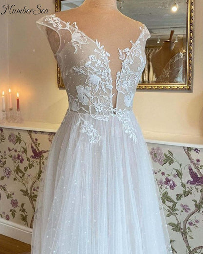 NumberSea - A Line Mariage Vestidos Wedding Dress Deep V Neck Lace Floral Applique Cap Sleeve Boho Wedding Gown trajes de novias largos