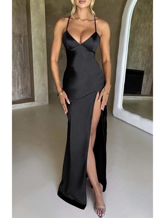 NumberSea - A - Line Mermaid Black Dress Party Dresses High Split Dress Formal Floor Length Sleeveless Spaghetti Strap Polyester Backless with Slit