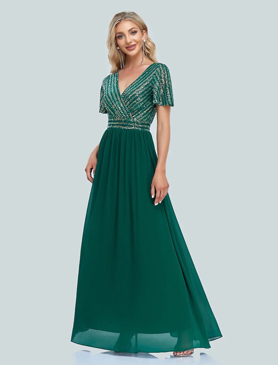 NumberSea - A - Line Mermaid Party Dress Evening Gown Sparkle & Shine Dress Christmas Wedding Guest Floor Length Short Sleeve V Neck Sequined with Sequin