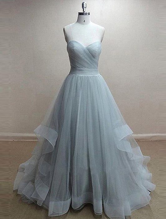 NumberSea - A - Line Minimalist Cute Engagement Prom Dress Sweetheart Neckline Sleeveless Court Train Tulle with Pleats Ruffles