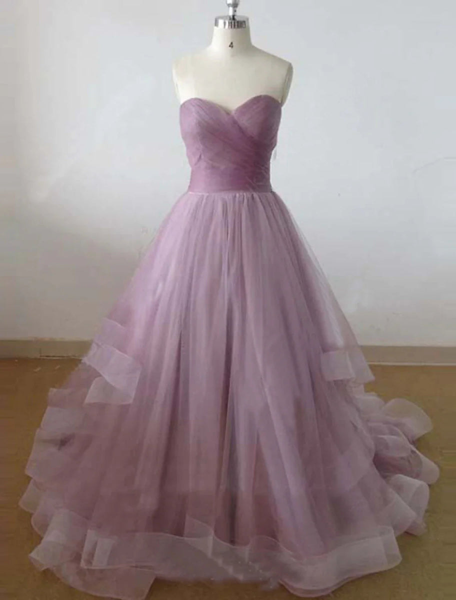 NumberSea - A - Line Minimalist Cute Engagement Prom Dress Sweetheart Neckline Sleeveless Court Train Tulle with Pleats Ruffles