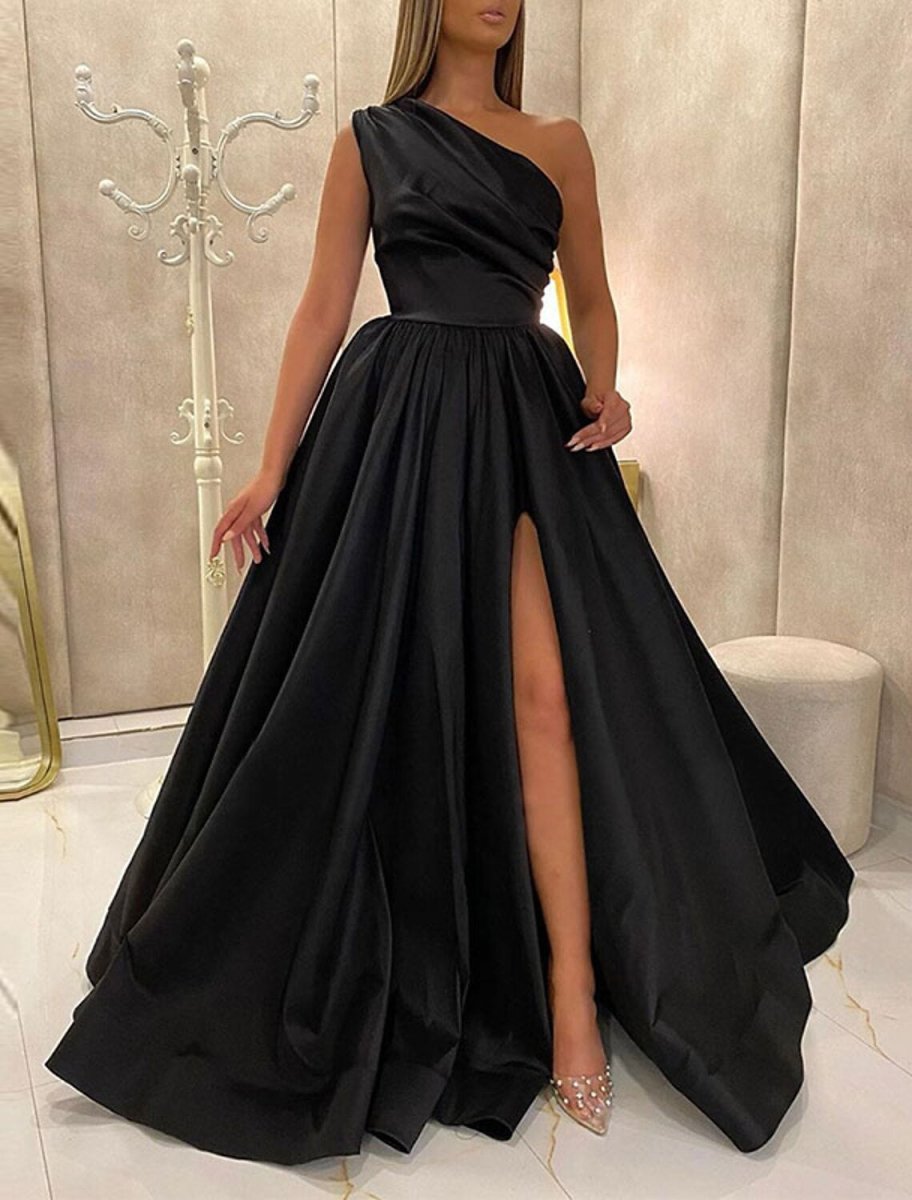 NumberSea - A - Line Minimalist Elegant Engagement Formal Evening Birthday Dress One Shoulder Sleeveless Floor Length Satin with Pleats Slit