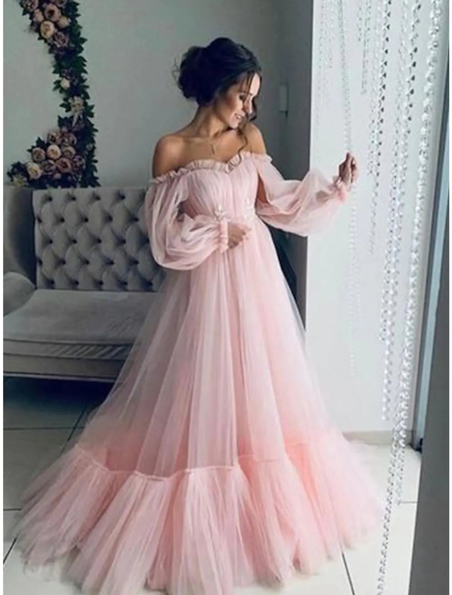 NumberSea - A - Line Minimalist Elegant Engagement Prom Dress Off Shoulder Long Sleeve Floor Length Tulle with Pleats Appliques