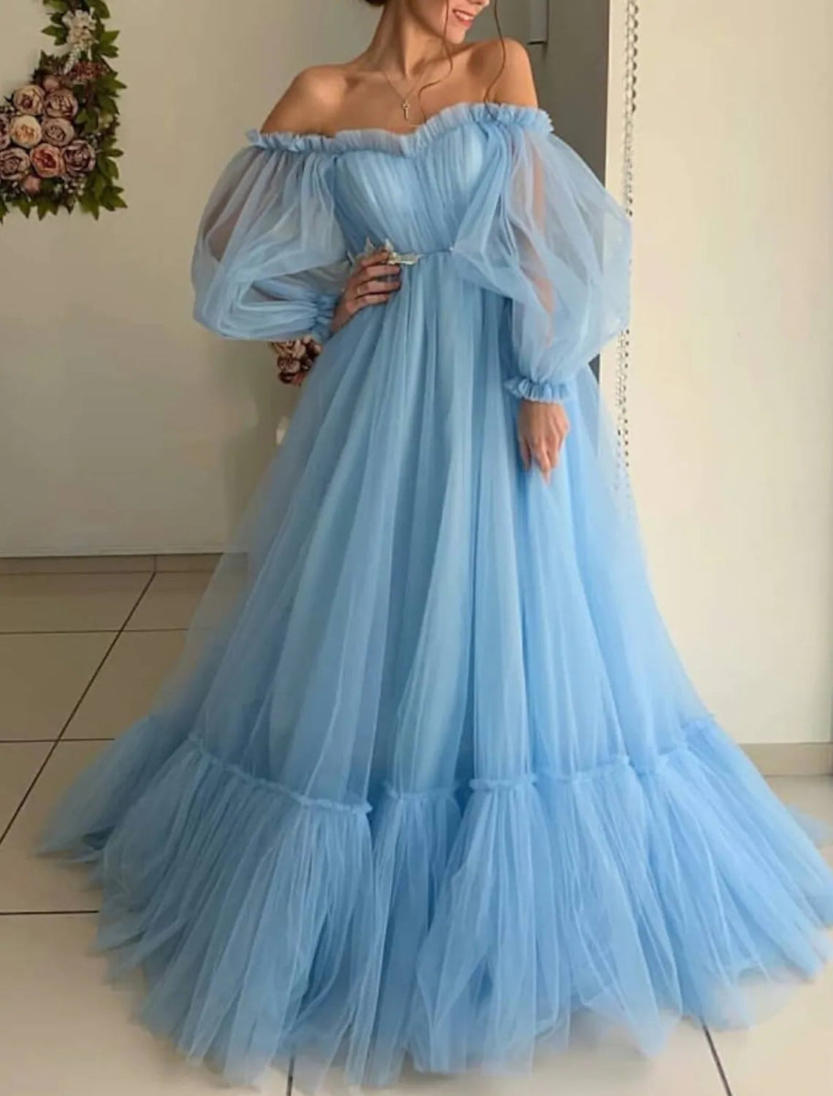 NumberSea - A - Line Minimalist Elegant Engagement Prom Dress Off Shoulder Long Sleeve Floor Length Tulle with Pleats Appliques