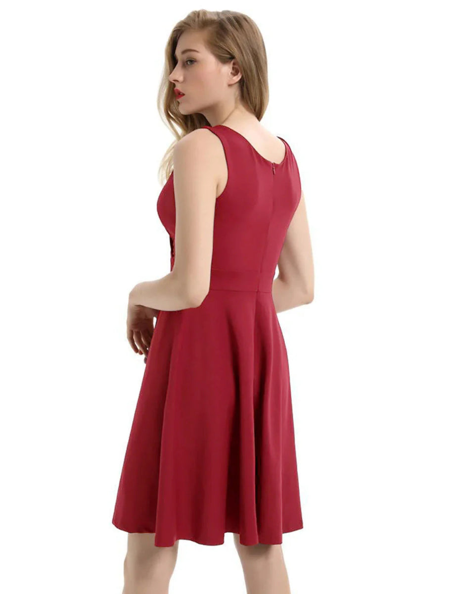 NumberSea - A - Line Minimalist Elegant Party Wear Cocktail Party Dress V Neck Sleeveless Tea Length Spandex with Pleats