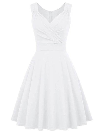 NumberSea - A - Line Minimalist Elegant Party Wear Cocktail Party Dress V Neck Sleeveless Tea Length Spandex with Pleats