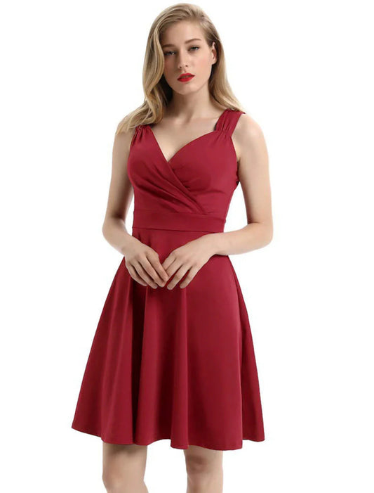 NumberSea - A - Line Minimalist Elegant Party Wear Cocktail Party Dress V Neck Sleeveless Tea Length Spandex with Pleats