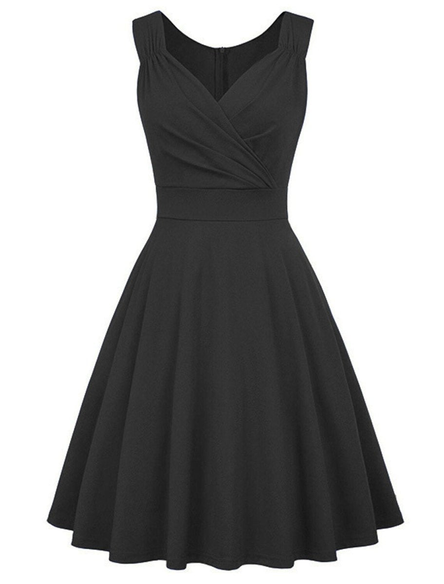 NumberSea - A - Line Minimalist Elegant Party Wear Cocktail Party Dress V Neck Sleeveless Tea Length Spandex with Pleats