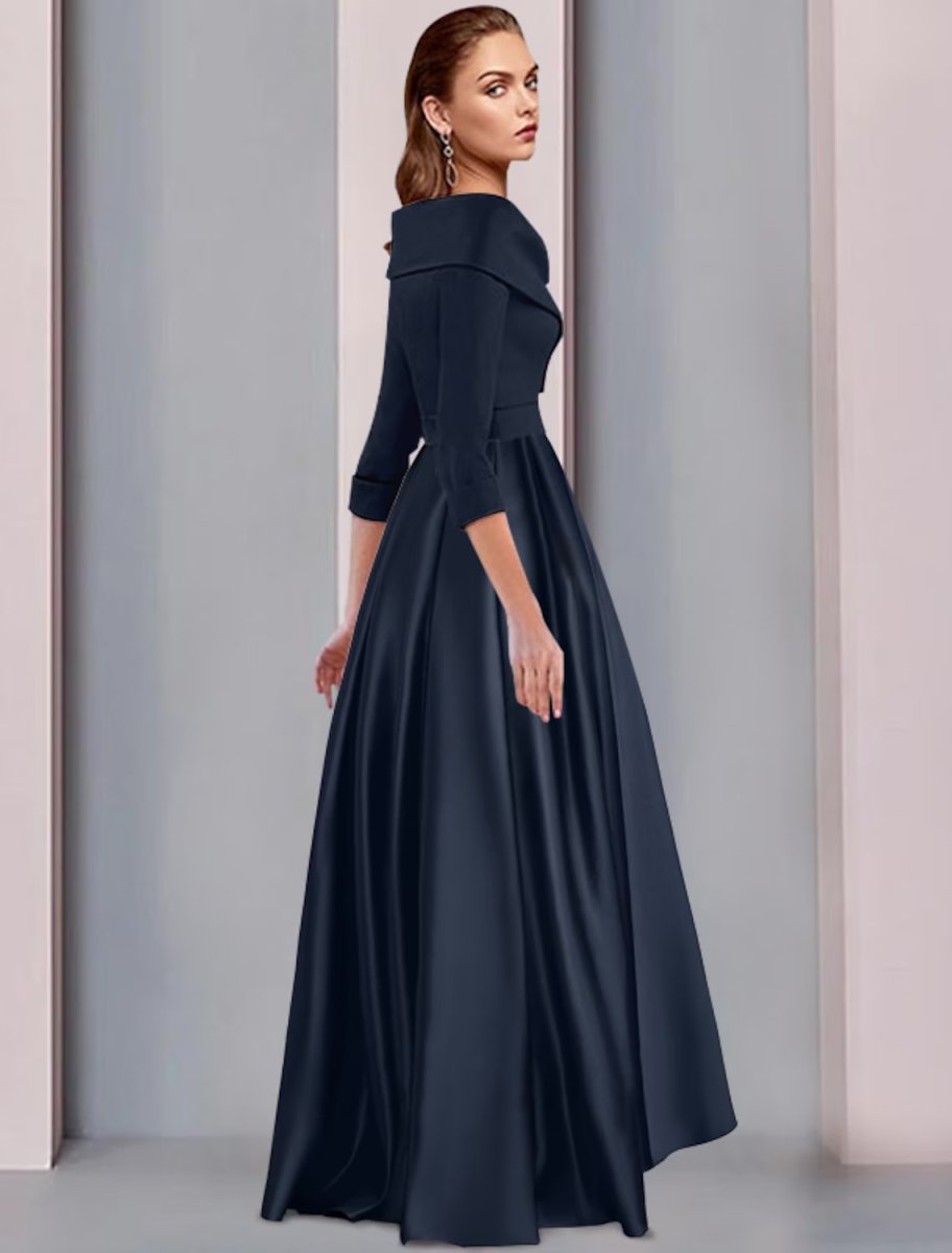 NumberSea - A - Line Mother of the Bride Dress Elegant High Low Sweet Spaghetti Strap Asymmetrical Tea Length Satin 3/4 Length Sleeve with Pleats