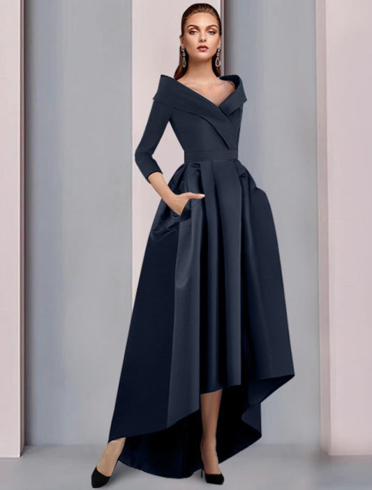 NumberSea - A - Line Mother of the Bride Dress Elegant High Low Sweet Spaghetti Strap Asymmetrical Tea Length Satin 3/4 Length Sleeve with Pleats