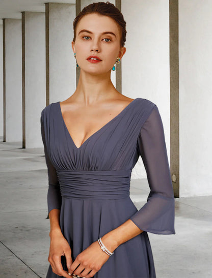 NumberSea - A - Line Mother of the Bride Dress Elegant High Low V Neck Asymmetrical Floor Length Chiffon 3/4 Length Sleeve with Split Front Ruching