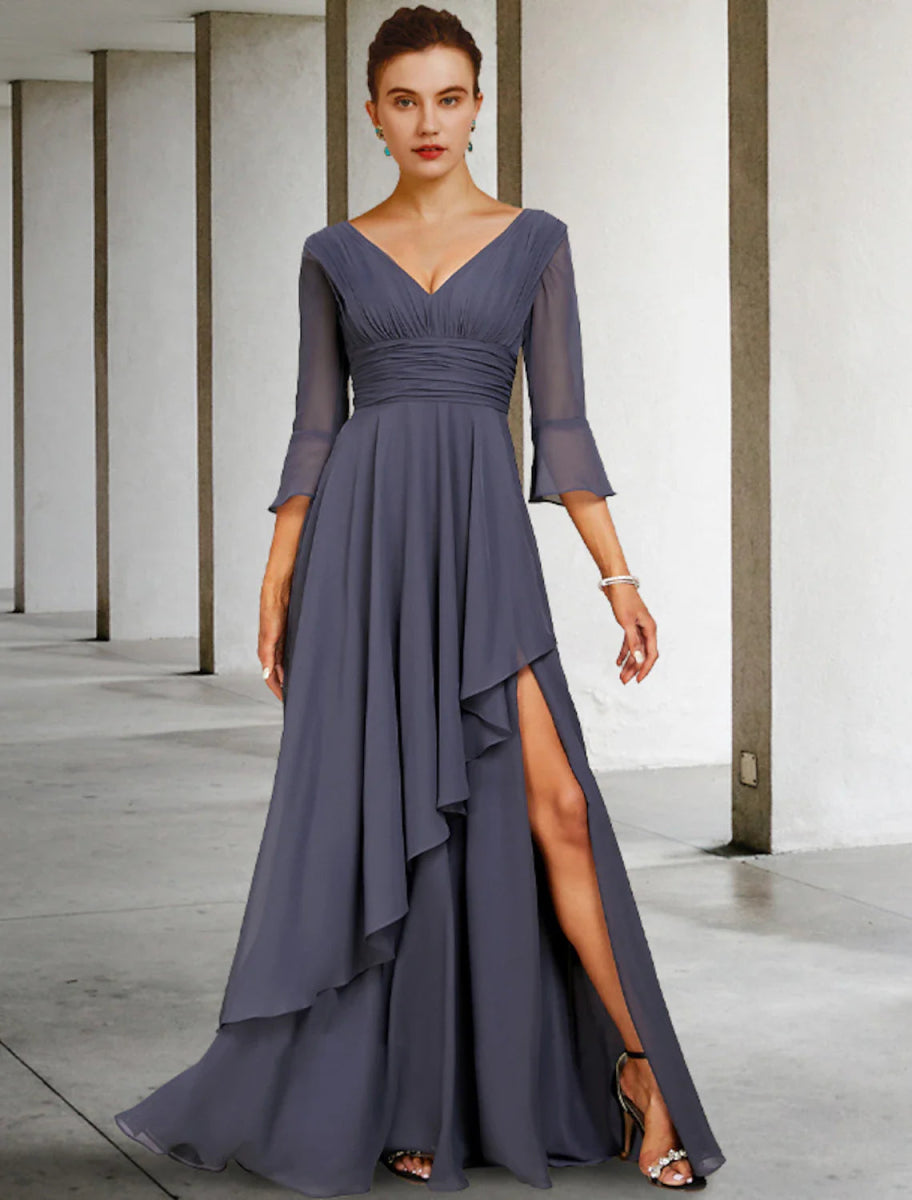 NumberSea - A - Line Mother of the Bride Dress Elegant High Low V Neck Asymmetrical Floor Length Chiffon 3/4 Length Sleeve with Split Front Ruching