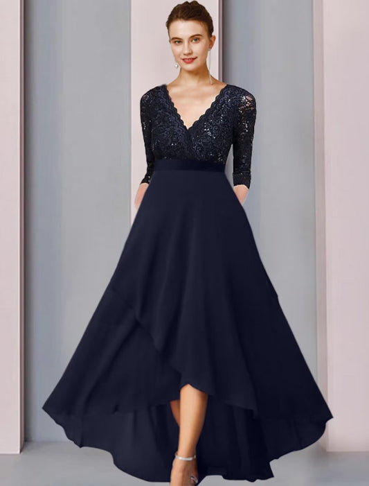 NumberSea - A - Line Mother of the Bride Dress Elegant High Low V Neck Asymmetrical Tea Length Chiffon Lace 3/4 Length Sleeve with Sequin