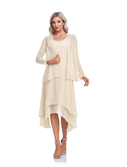 NumberSea - A - Line Mother of the Bride Dress Elegant High Low Wrap Included Jewel Neck Asymmetrical Tea Length Imitated Silk Sleeveless Wrap Included with Beading Ruffles Embroidery