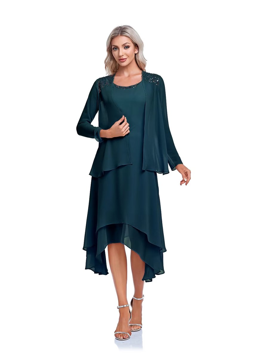 NumberSea - A - Line Mother of the Bride Dress Elegant High Low Wrap Included Jewel Neck Asymmetrical Tea Length Imitated Silk Sleeveless Wrap Included with Beading Ruffles Embroidery