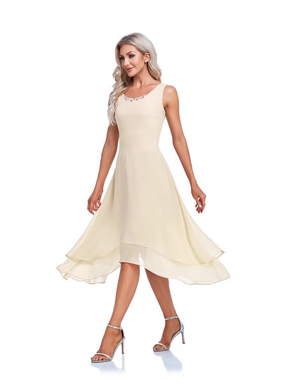 NumberSea - A - Line Mother of the Bride Dress Elegant High Low Wrap Included Jewel Neck Asymmetrical Tea Length Imitated Silk Sleeveless Wrap Included with Beading Ruffles Embroidery