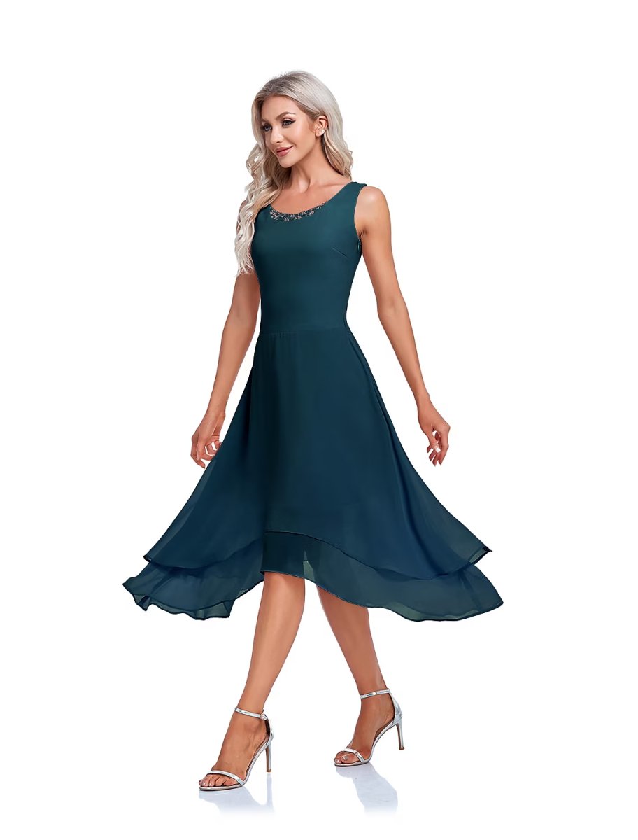 NumberSea - A - Line Mother of the Bride Dress Elegant High Low Wrap Included Jewel Neck Asymmetrical Tea Length Imitated Silk Sleeveless Wrap Included with Beading Ruffles Embroidery