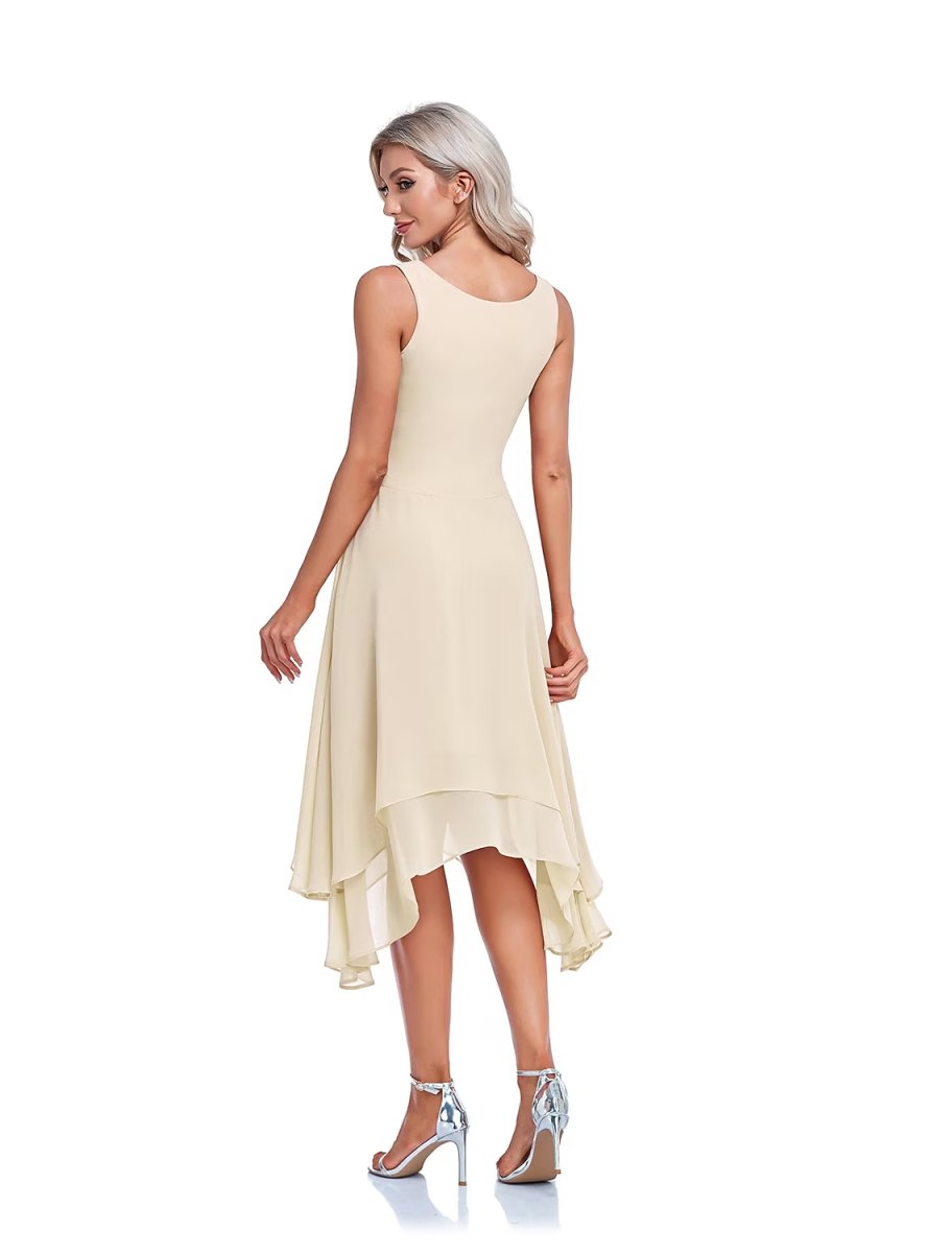 NumberSea - A - Line Mother of the Bride Dress Elegant High Low Wrap Included Jewel Neck Asymmetrical Tea Length Imitated Silk Sleeveless Wrap Included with Beading Ruffles Embroidery