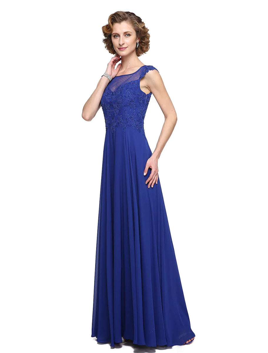 NumberSea - A - Line Mother of the Bride Dress Elegant Jewel Neck Ankle Length Chiffon Lace Sleeveless with Appliques