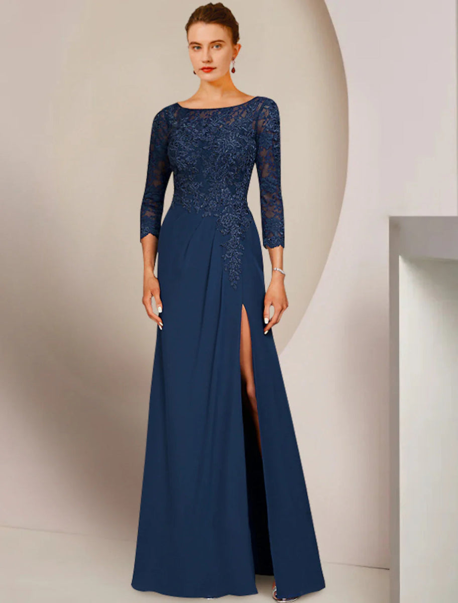 NumberSea - A - Line Mother of the Bride Dress Elegant Scoop Neck Floor Length Chiffon Lace 3/4 Length Sleeve with Appliques Split Front