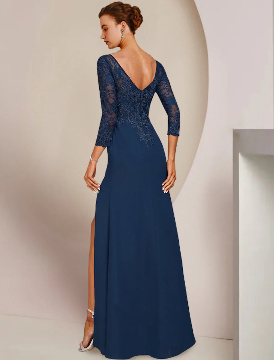 NumberSea - A - Line Mother of the Bride Dress Elegant Scoop Neck Floor Length Chiffon Lace 3/4 Length Sleeve with Appliques Split Front