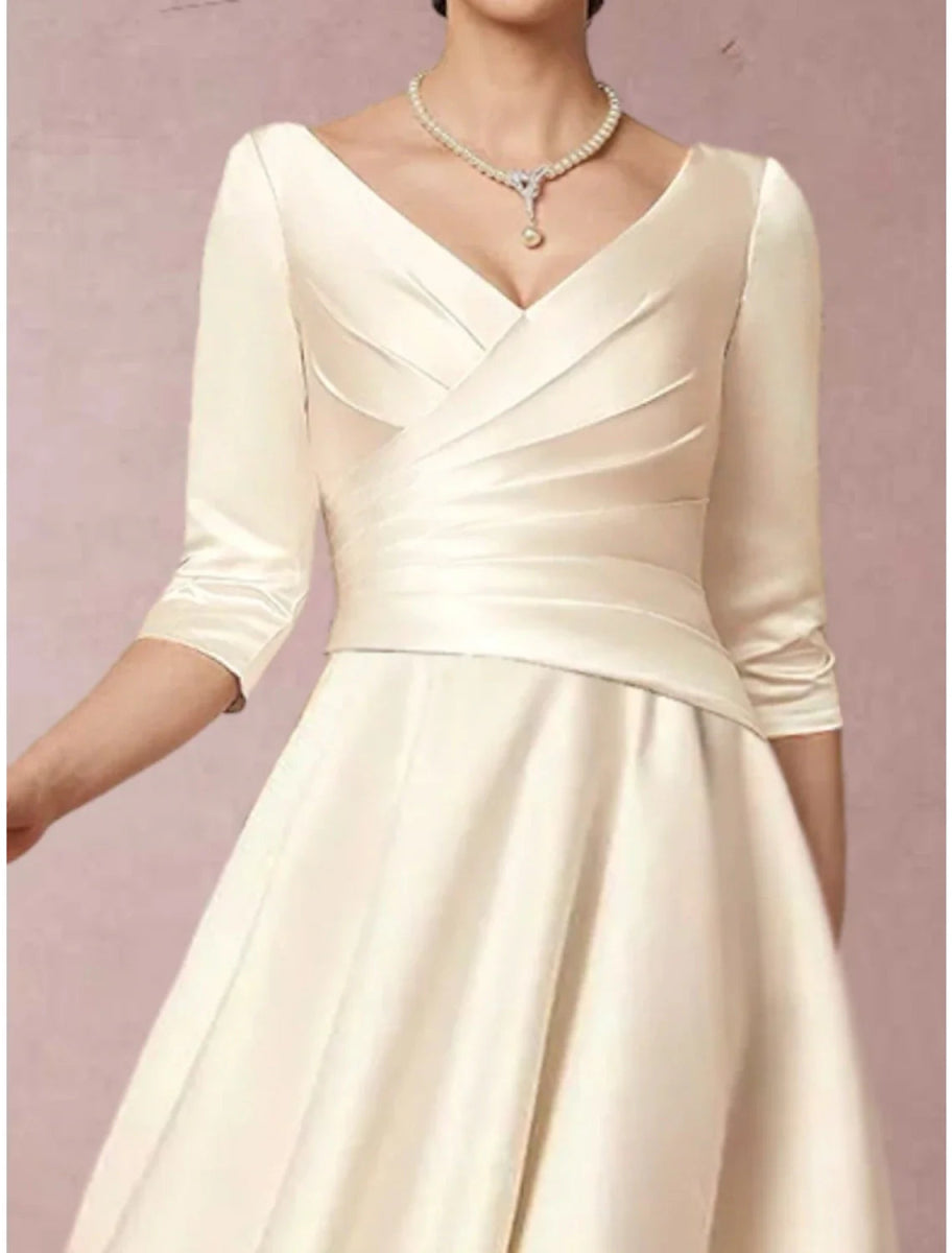 NumberSea - A - Line Mother of the Bride Dress Elegant Simple V Neck Tea Length Satin Half Sleeve with Pleats Ruched