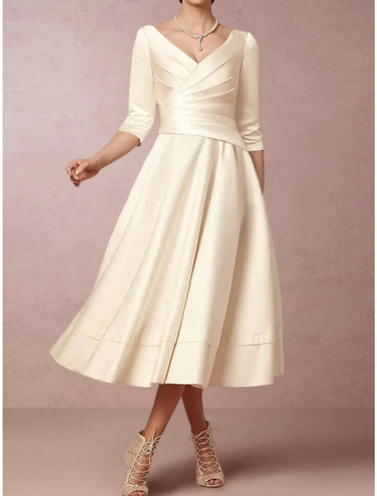 NumberSea - A - Line Mother of the Bride Dress Elegant Simple V Neck Tea Length Satin Half Sleeve with Pleats Ruched