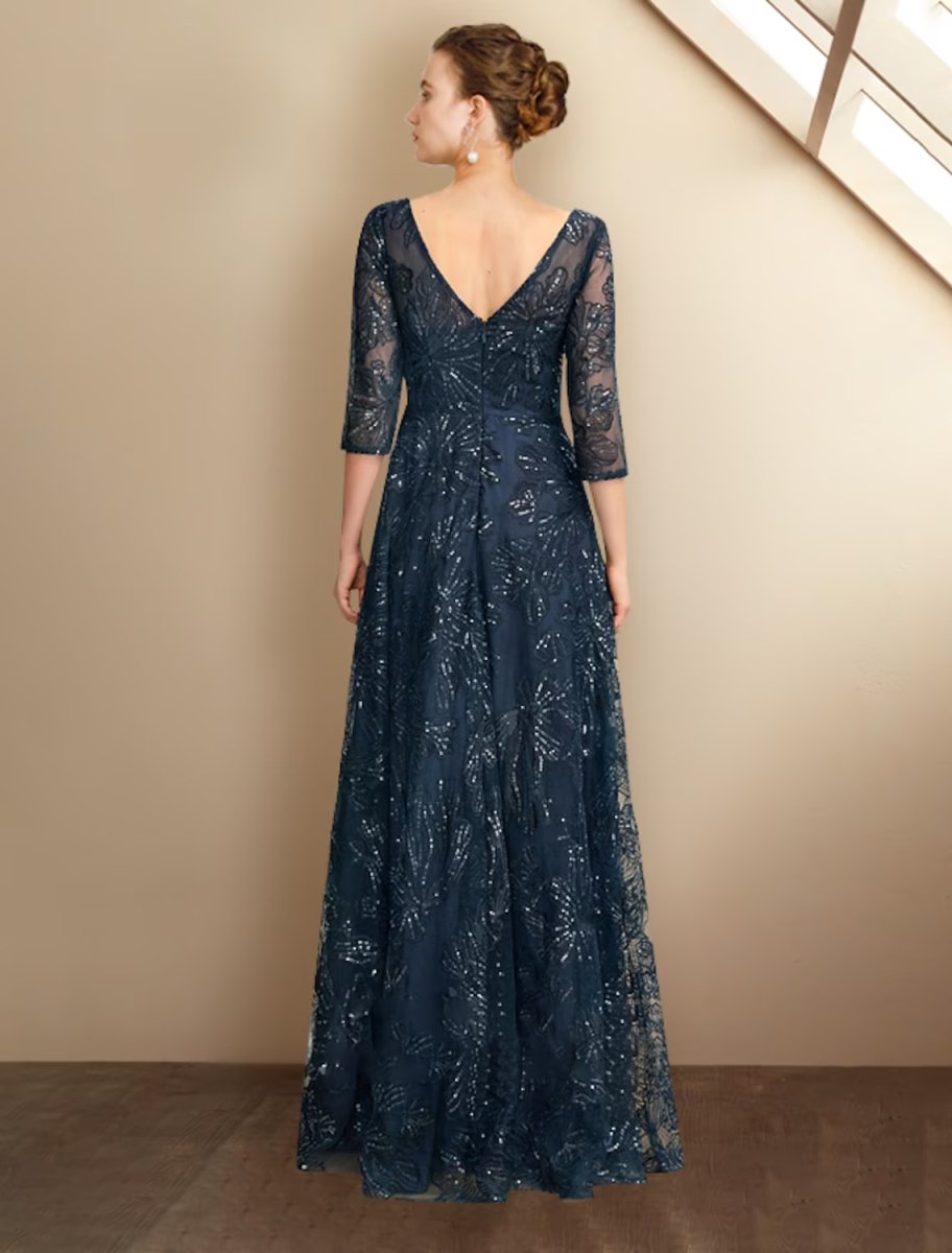 NumberSea - A - Line Mother of the Bride Dress Elegant Sparkle & Shine V Neck Floor Length Chiffon Lace Sequined 3/4 Length Sleeve with Sequin Appliques