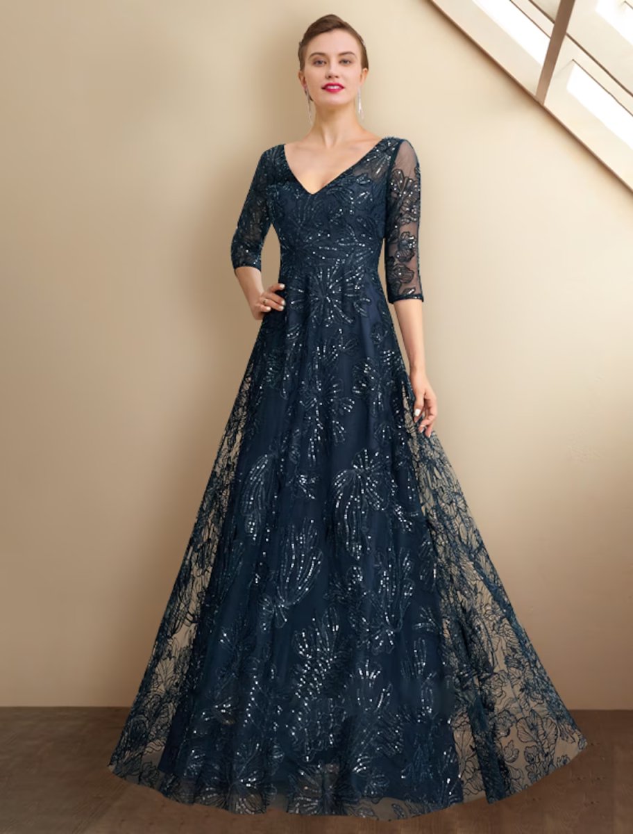 NumberSea - A - Line Mother of the Bride Dress Elegant Sparkle & Shine V Neck Floor Length Chiffon Lace Sequined 3/4 Length Sleeve with Sequin Appliques