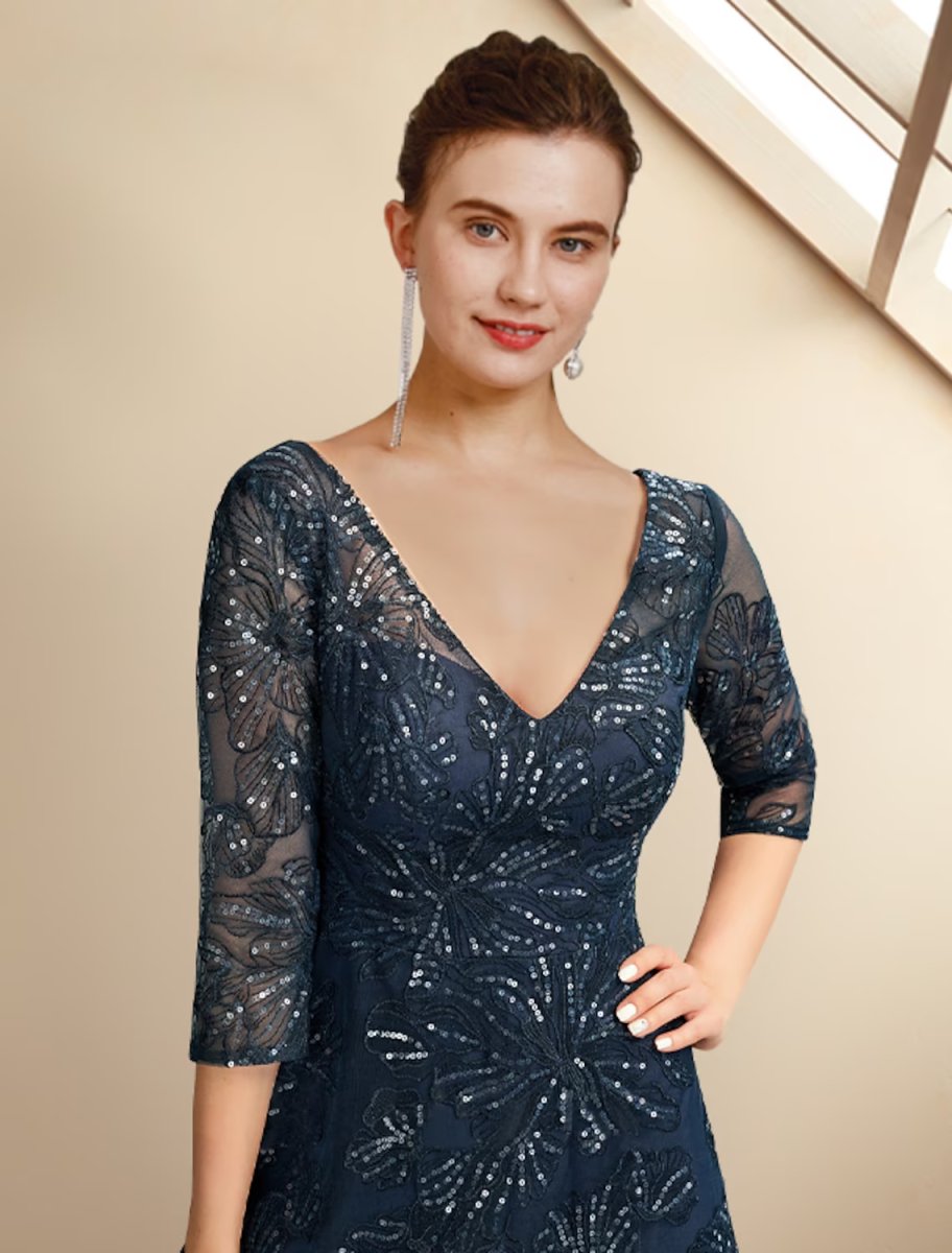 NumberSea - A - Line Mother of the Bride Dress Elegant Sparkle & Shine V Neck Floor Length Chiffon Lace Sequined 3/4 Length Sleeve with Sequin Appliques