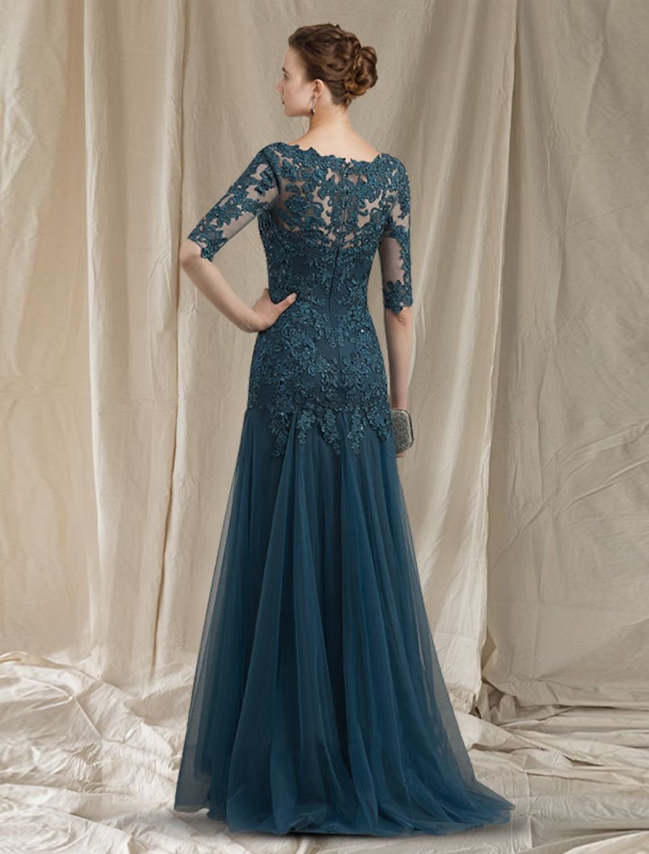 NumberSea - A - Line Mother of the Bride Dress Elegant V Neck Sweep / Brush Train Lace Tulle Half Sleeve No with Ruffles Appliques