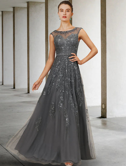 NumberSea - A - Line Mother of the Bride Dress Fall Wedding Guest Dresses Luxurious Elegant Jewel Neck Floor Length Lace Tulle Sleeveless with Sash / Ribbon Beading Sequin