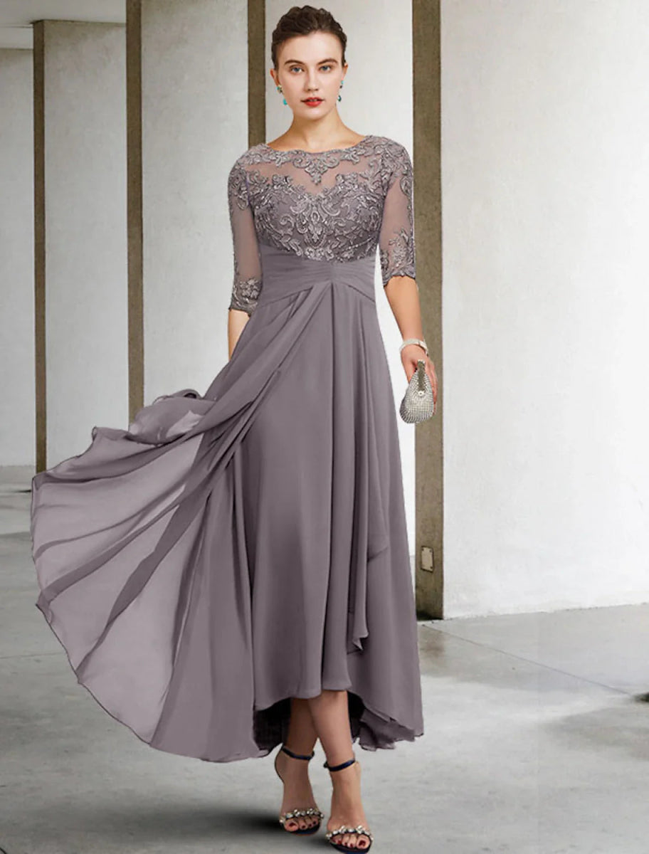 NumberSea - A - Line Mother of the Bride Dress Fall Wedding Guest Dresses Plus Size Elegant High Low V Neck Asymmetrical Ankle Length Chiffon Lace Half Sleeve with Beading Appliques