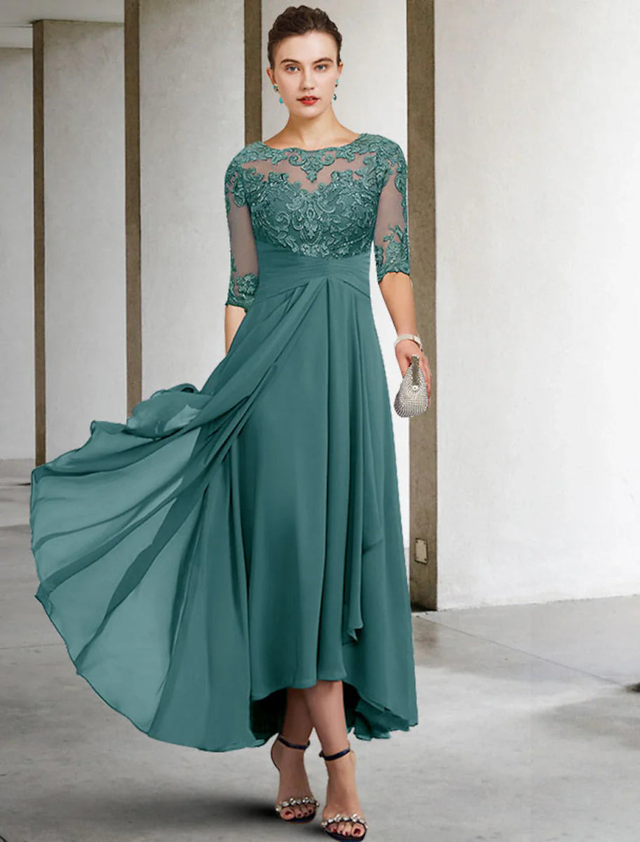 NumberSea - A - Line Mother of the Bride Dress Fall Wedding Guest Dresses Plus Size Elegant High Low V Neck Asymmetrical Ankle Length Chiffon Lace Half Sleeve with Beading Appliques